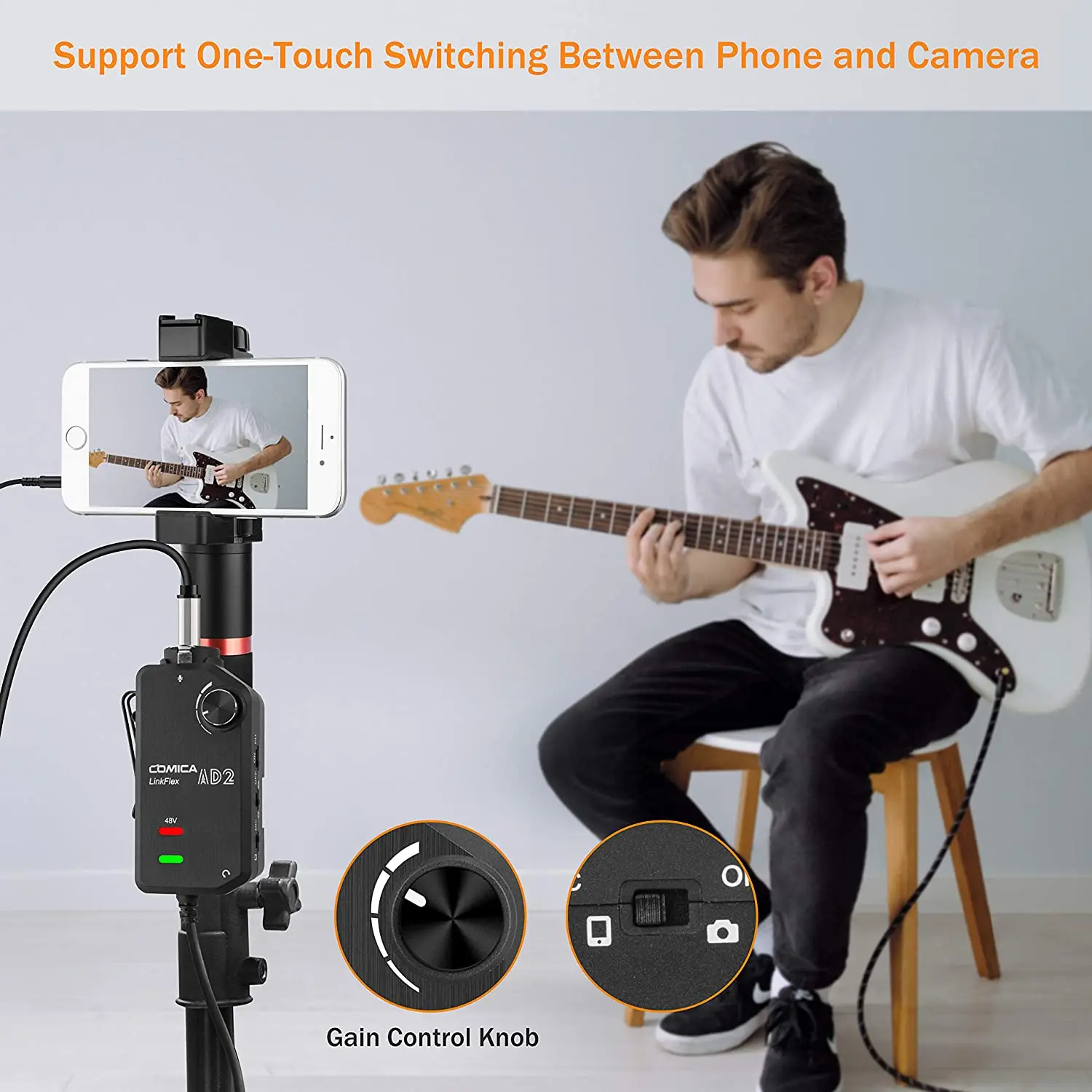 واجهة صوت COMICA LINKFLEX AD2 للهواتف الذكية iPhone Android/كاميرات DSLR، محول Preamp الصوتي مع طاقة فانتوم 48 فولت