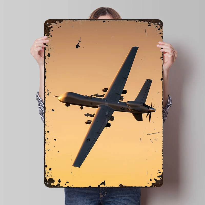 MQ-9 Reaper Drone in Flight Printing Poster Customized Retro Wall Art Vintage Metal Signs for Aesthetic Decoration Room Man Cave