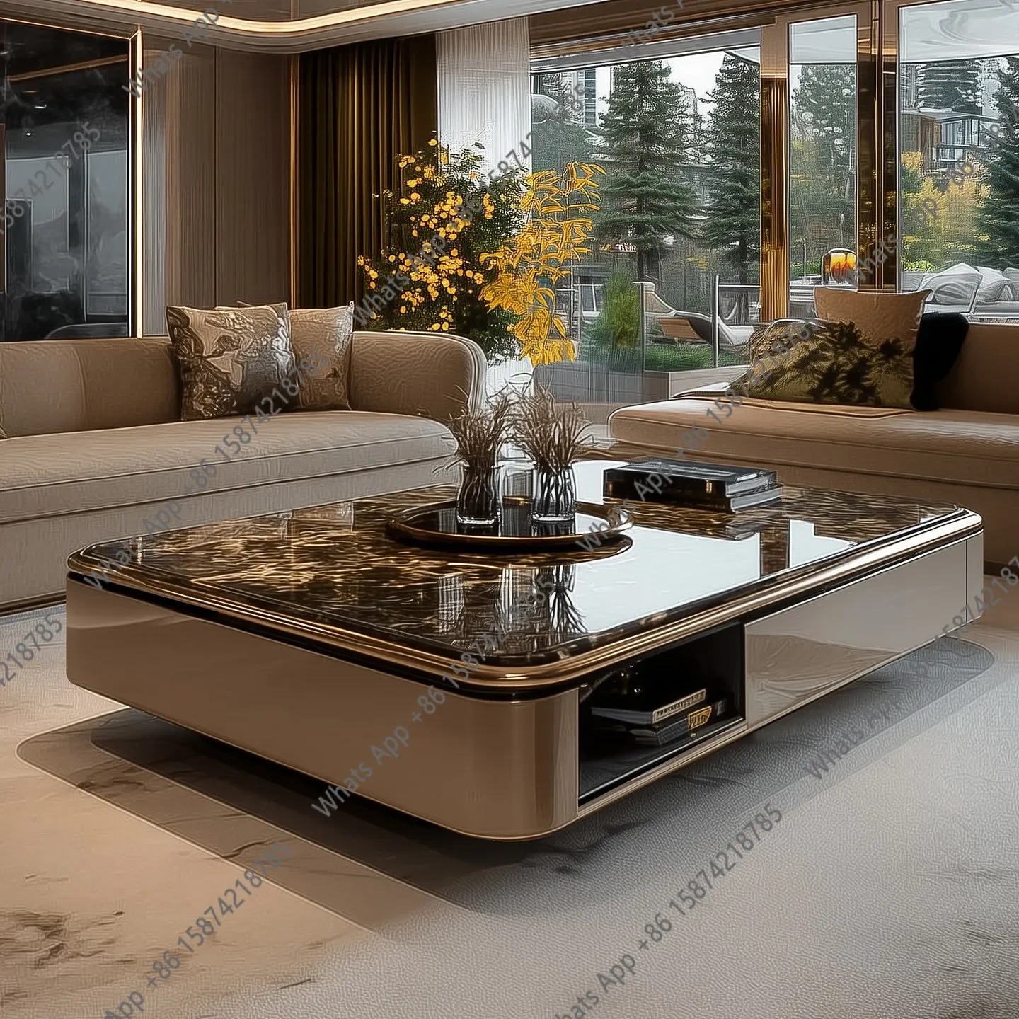 G Microcrystalline Stone Solid Wood Light Luxury Living Room Coffee Table Hollow Italian Living Room Furniture Long Tea Table