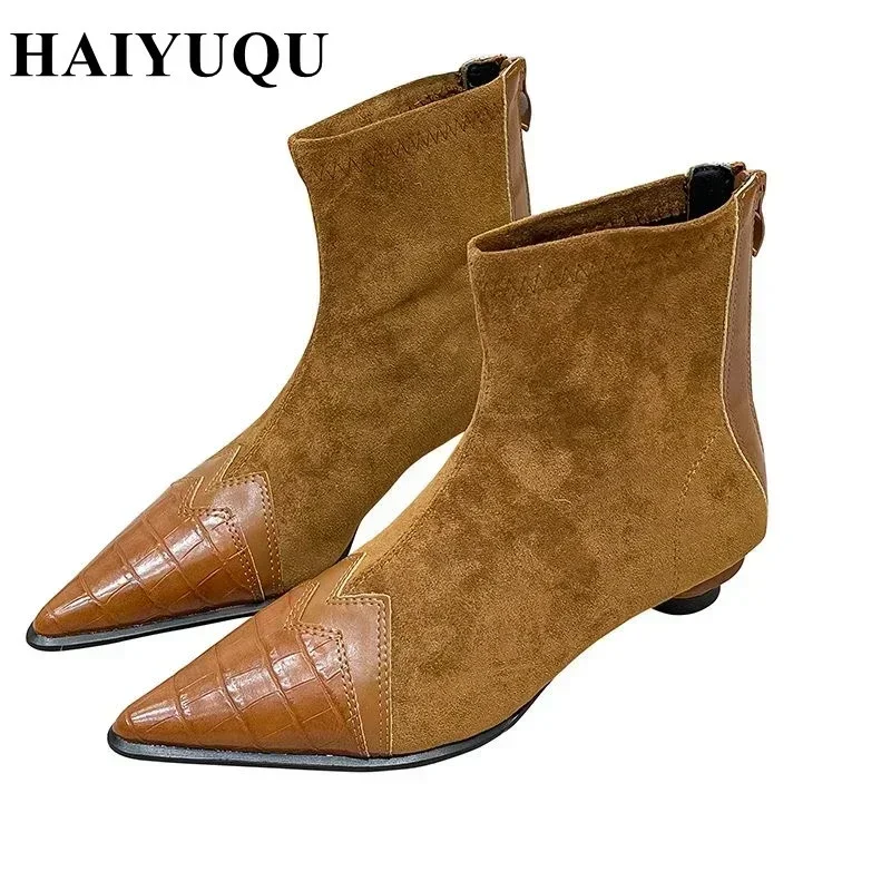 Pointed Toe Women Ankle Boots Fashion Heels Shoes Autumn Winter 2024 Trend Suede Chelsea Short Boots New Brand Snow Botas Mujer