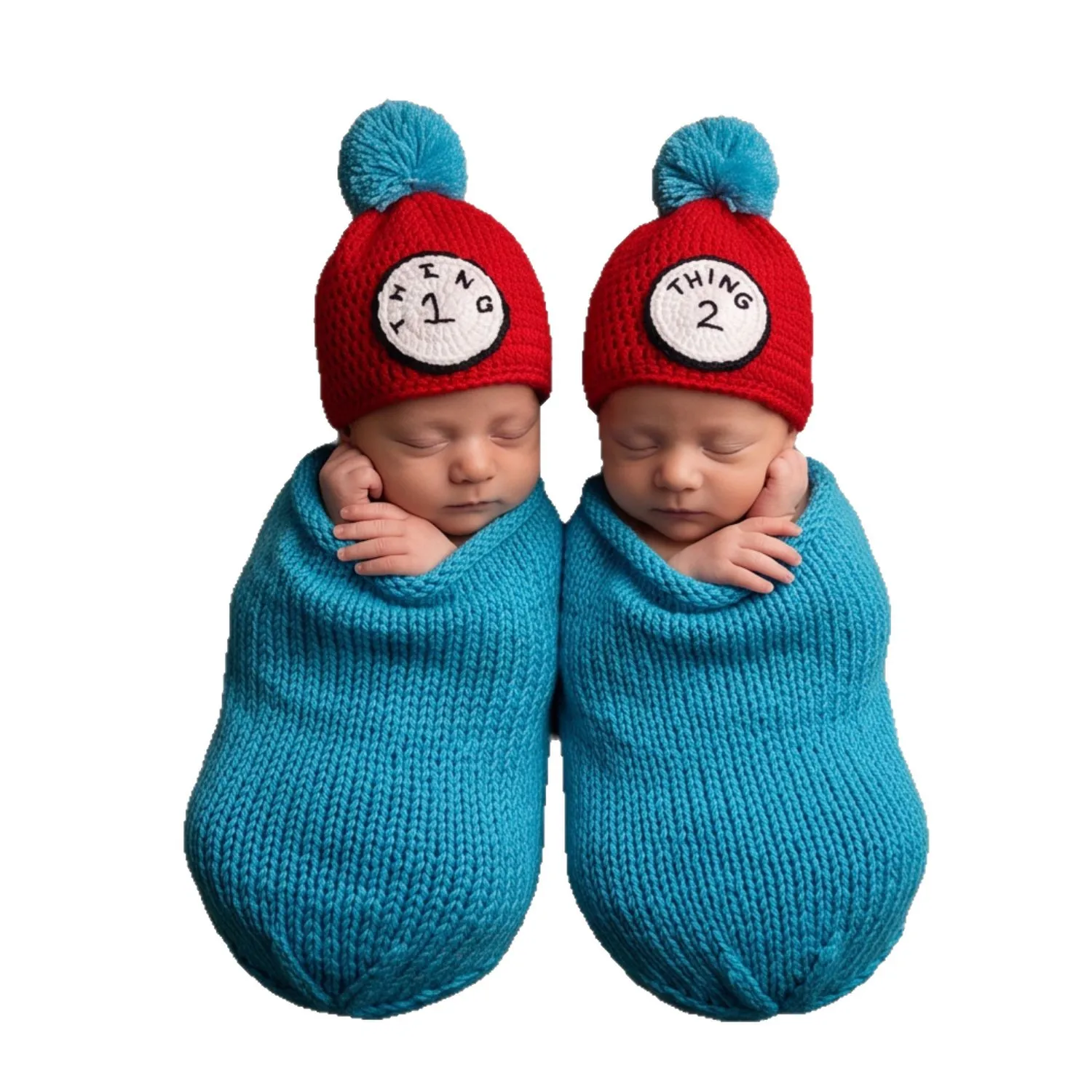 New children's photography set for twins: knitted wool swaddle sleeping bag and clock hat