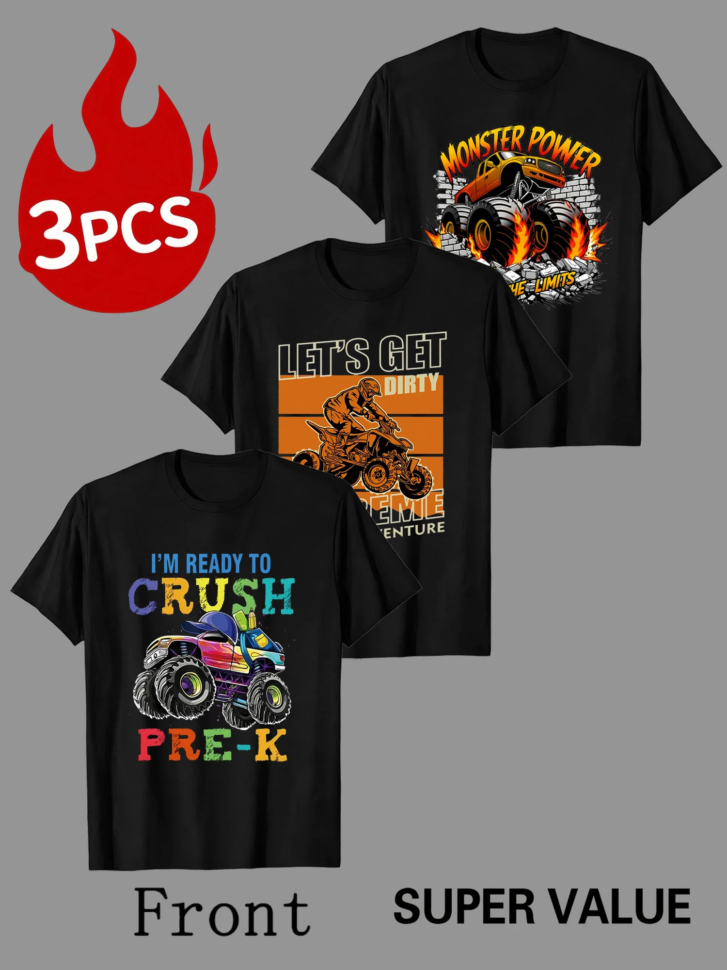 

3pcs，Fashionable boy's short sleeved T-shirt with off-road vehicle pattern. Cartoon print of 'Monster Power Breakthrough'