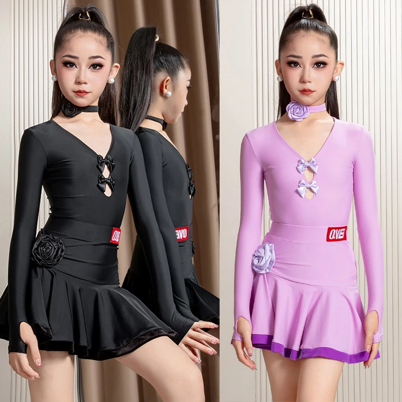 

Fashion Girls Latin Dance Performance Clothing Kids Performance Dancing Dresses Long Sleeves Latin Dance Costumes DW10930