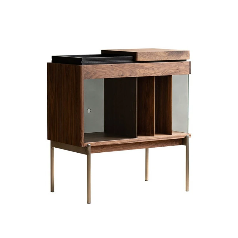 Magazine Cabinet Vinyl Records Books and Newspapers Low Side Cabinet Black Walnut Glass Solid Wood Living Room Sofa Storage