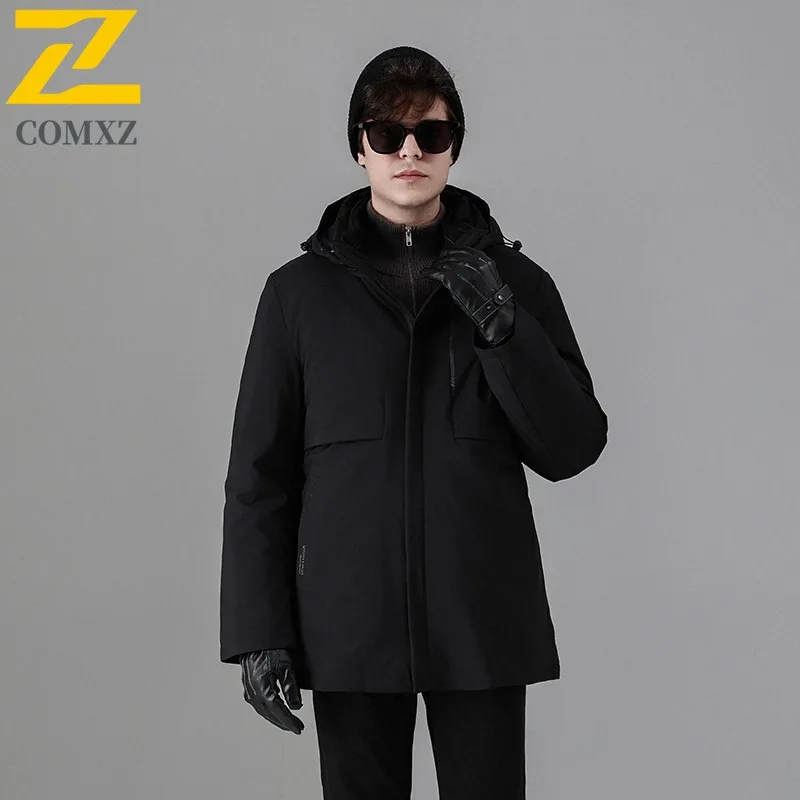 

COMXZ Winter Hooded Down Jacket Men Loose Fit Solid Color White Duck Down Top Youth Minimalist Thermal Fashion Casual Sport Coat
