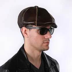 Retro Octagonal Genuine Leather Hat Autumn Warm Men's Cowhide Leather Beret Elegant Fashion Student Tongue Cap Caps Ear