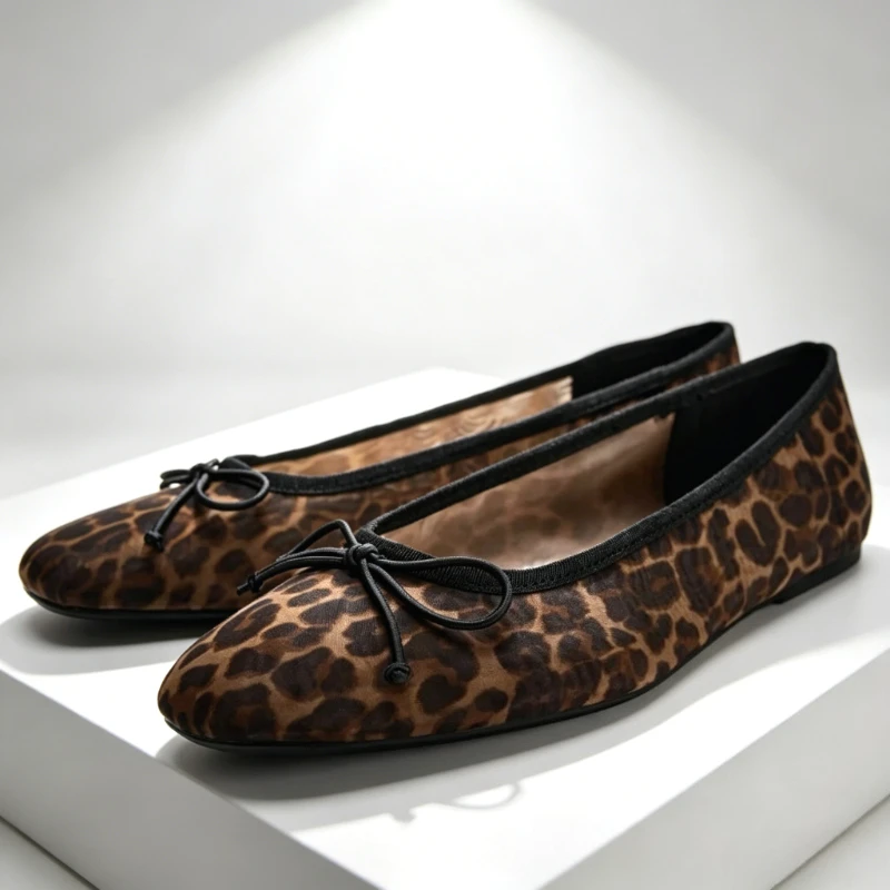 Fashion Leopard Print Design Ballet Flats Women Elegant Bow Decoration Casual Shoes Soft Comfortable Flat Mary Janes for Ladies
