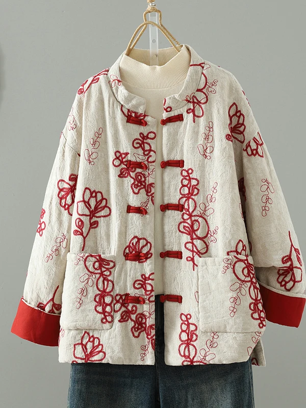 Neue Chinesische Sle Thiened 3D Stickerei frauen Jaet Winter Vintage Hochwertige Kleine Stehkragen Baumwolle Mantel