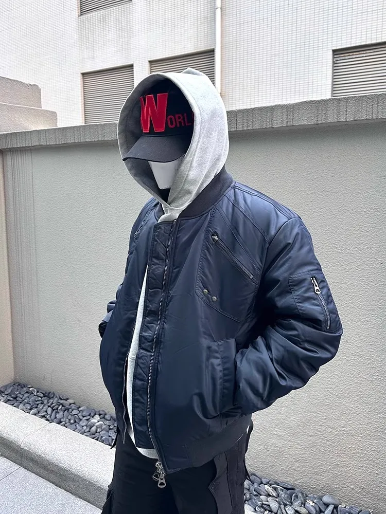 Amerykańska kurtka retro z zamkiem błyskawicznym, odzież wierzchnia męska i damska, jesień-zima, stójka, efekt pogniecionej tkaniny, dopasowany krój, bawełna, modny płaszcz.