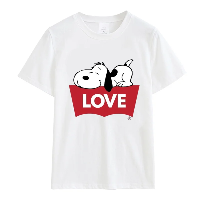 Camiseta de algodón de Snoopy Anime para mujer, camisetas blancas de manga corta Harajuku, camisetas informales de dibujos animados para hombre