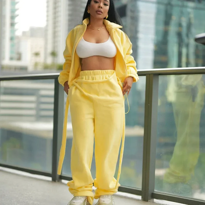 Solid Casual Track Suit Woman 2 Piece Set Outfit Active Wear Zipper Turtleneck Jacket Coat and Pants Jogging Femmes Ensemble