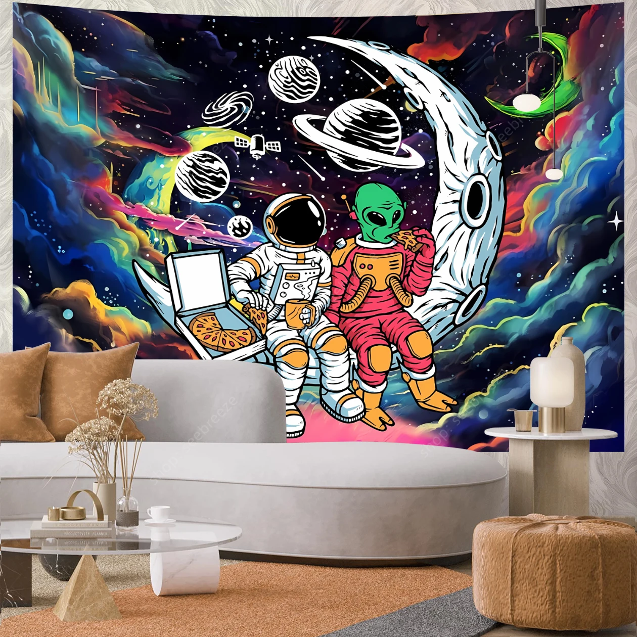 Astronaut Alien Eating Pizza Funny Meme Tapestry Psychedelic Moon Tapestry Wall Hanging Anime Kawaii Room Decor Home Wall Decor