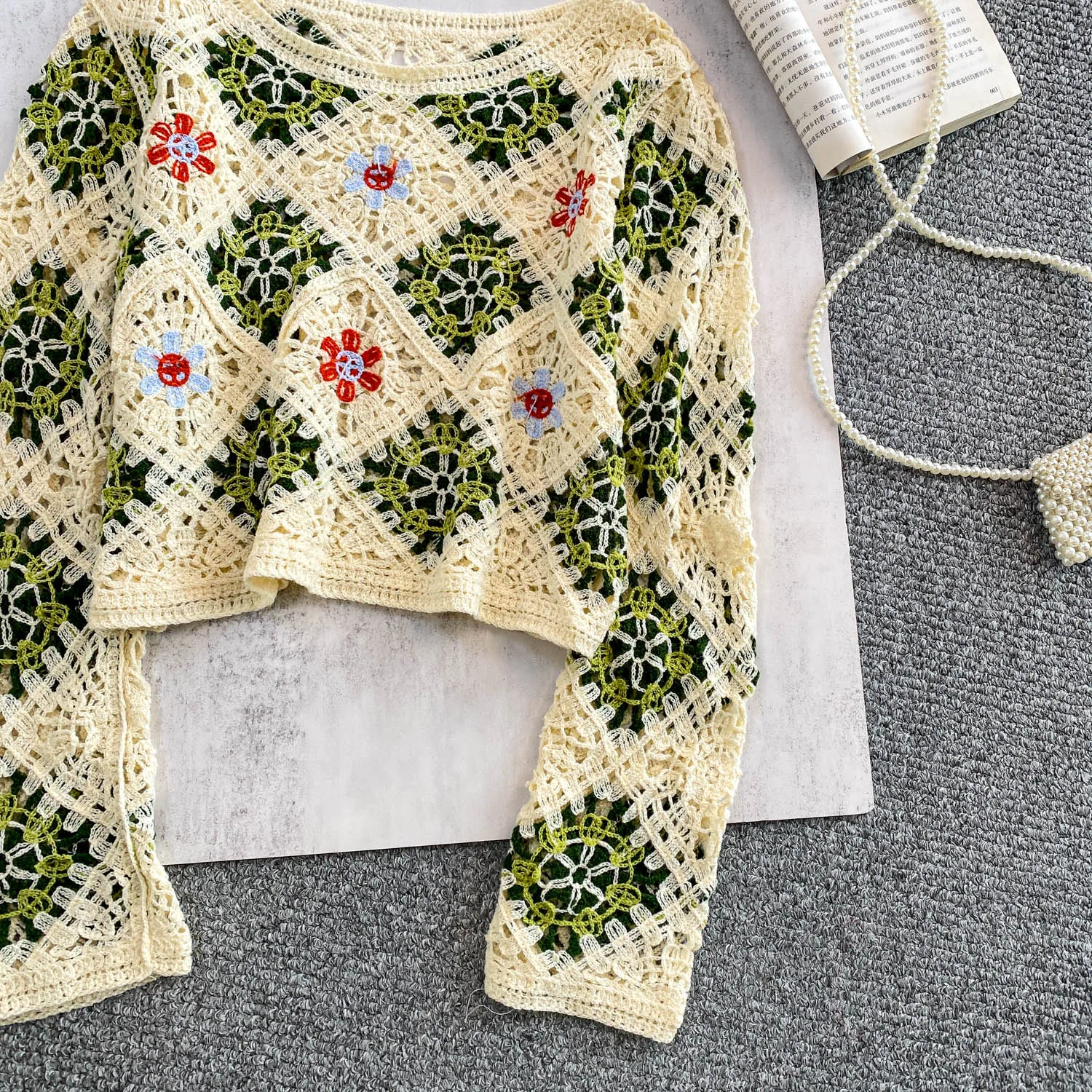 Vintage Elegant O-Neck floral Knit long sleeve Blouse Fashion Shirt  Casual Top Fairy Women Shirt