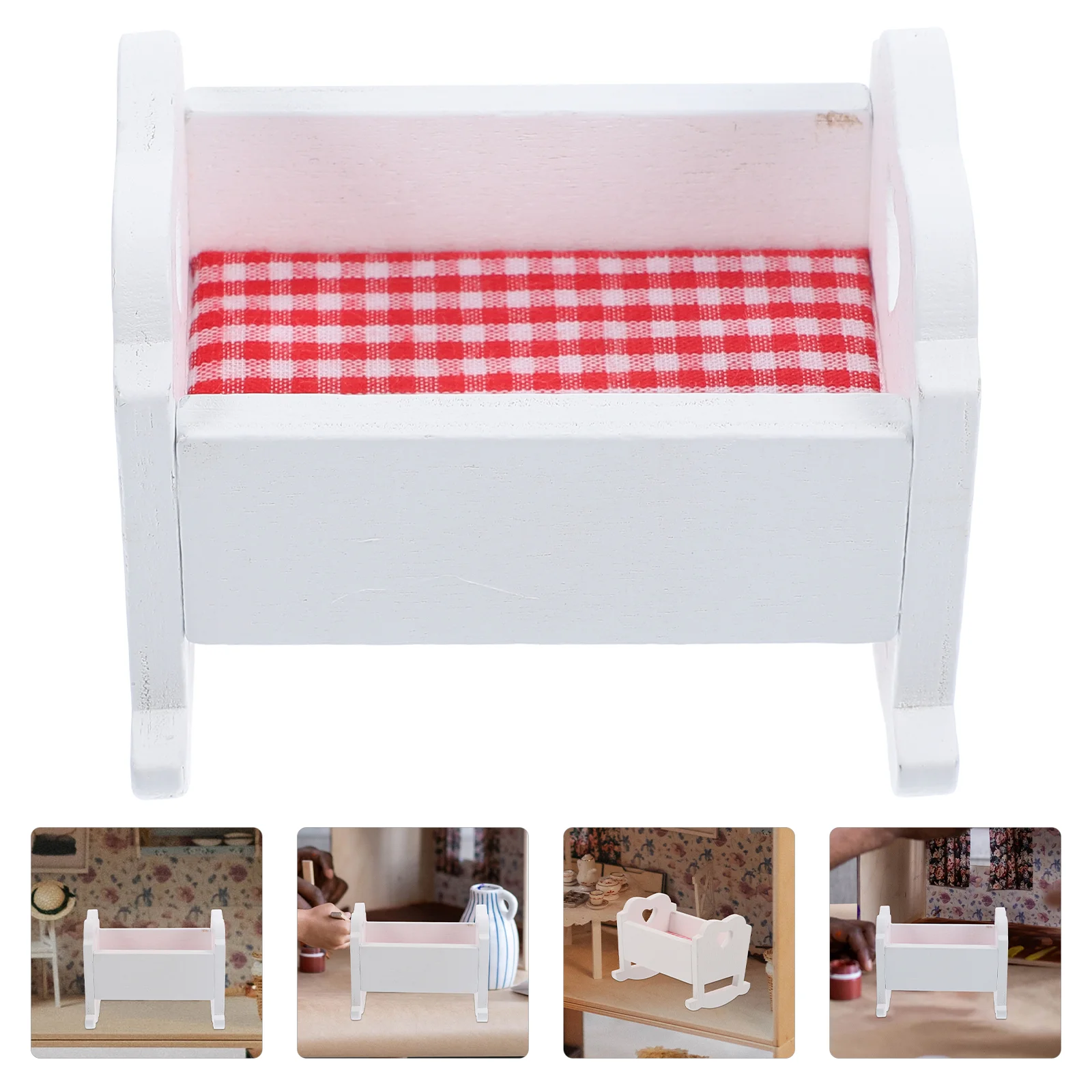 House Cradle Bed Miniature Baby Room Accessories for Dolls Crib Toy White Furniture Craft Wood Decor