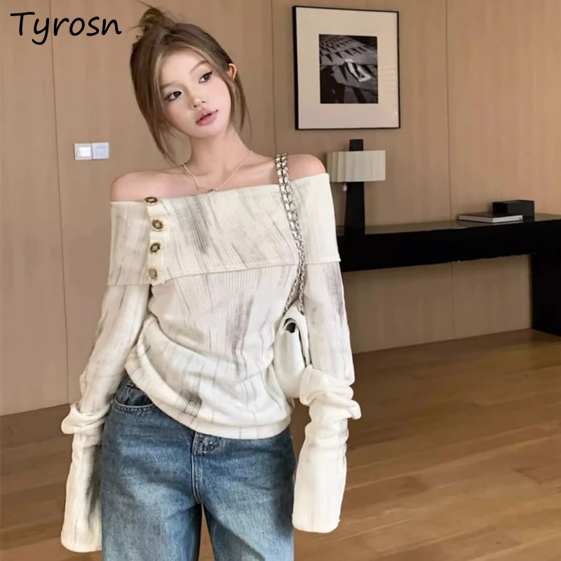 Women\'s Knitted Pullovers Sexy Slash Neck Off-shoulder Elegant Aesthetic Temper Clothes Autumn New Vintage Fashion Feminine Tops