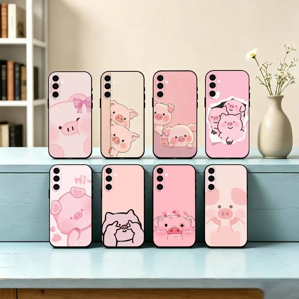 Cartoon Pink Piggy Cute Phone Case For Samsung Galaxy A73,A72,A71,A70,A53,A52,A51,Others Soft Black Cover