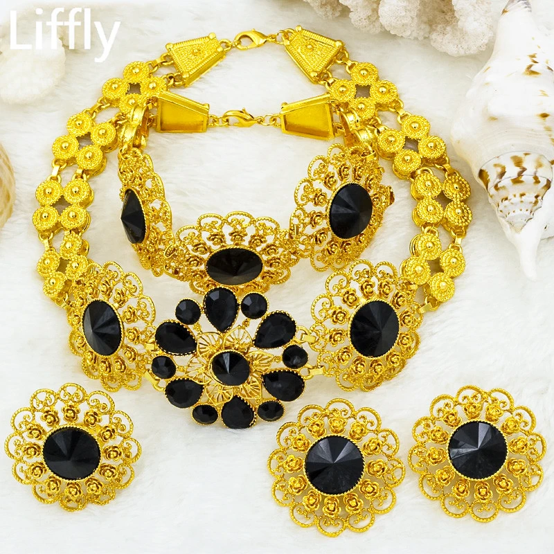 Fashion Dubai Bridal Jewelry Set Nigerian Wedding Gold Color Necklace Jewelry Set for Women Big Flowers Earrings