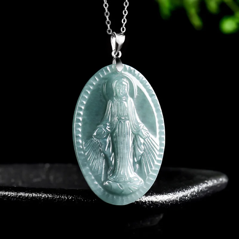 Myanmar Jadeite Virgin Mary Pendant Necklace Carved Amulet Burmese Jade Luxury Charm Fashion Accessories 925 Silver Vintage