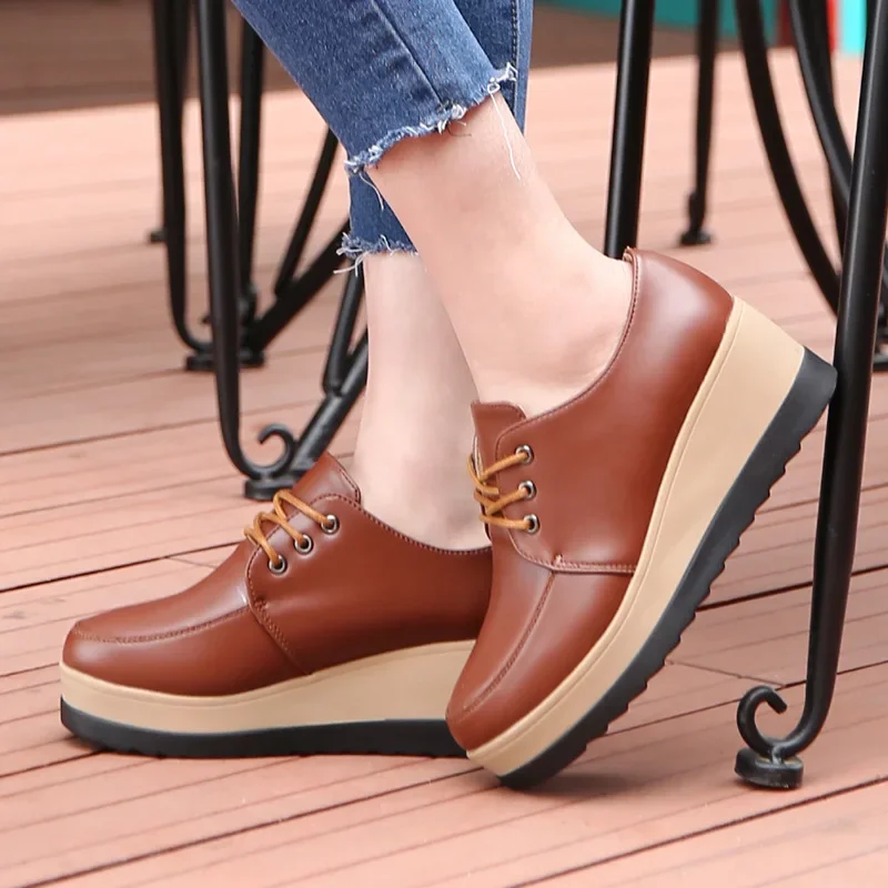 Women Oxford Shoes Flat on Platform Casual Shoes Frenum Leather Shoes Sewing Round Toe Zapatos Mujer 2023