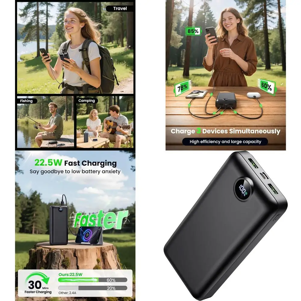 

Внешний аккумулятор 50000 мАч 22.5 Вт с быстрой зарядкой, USB-C, 3 выхода и 2 входа для iPhone 17-12, черный