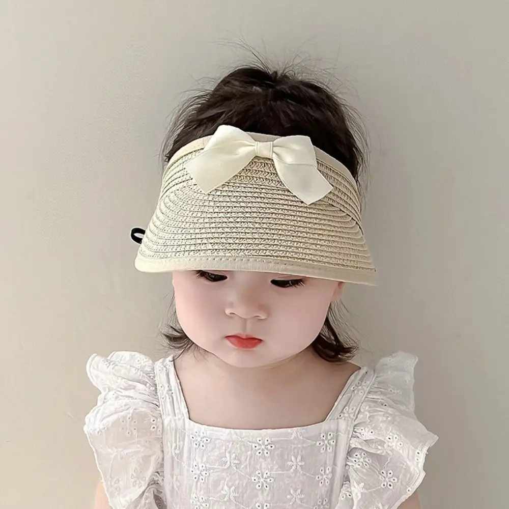 

Trendy Korean Baby Straw Caps Empty Top Wide Brim Bow Straw Hat Anti-UV Sun Protection Visor Cap Beach