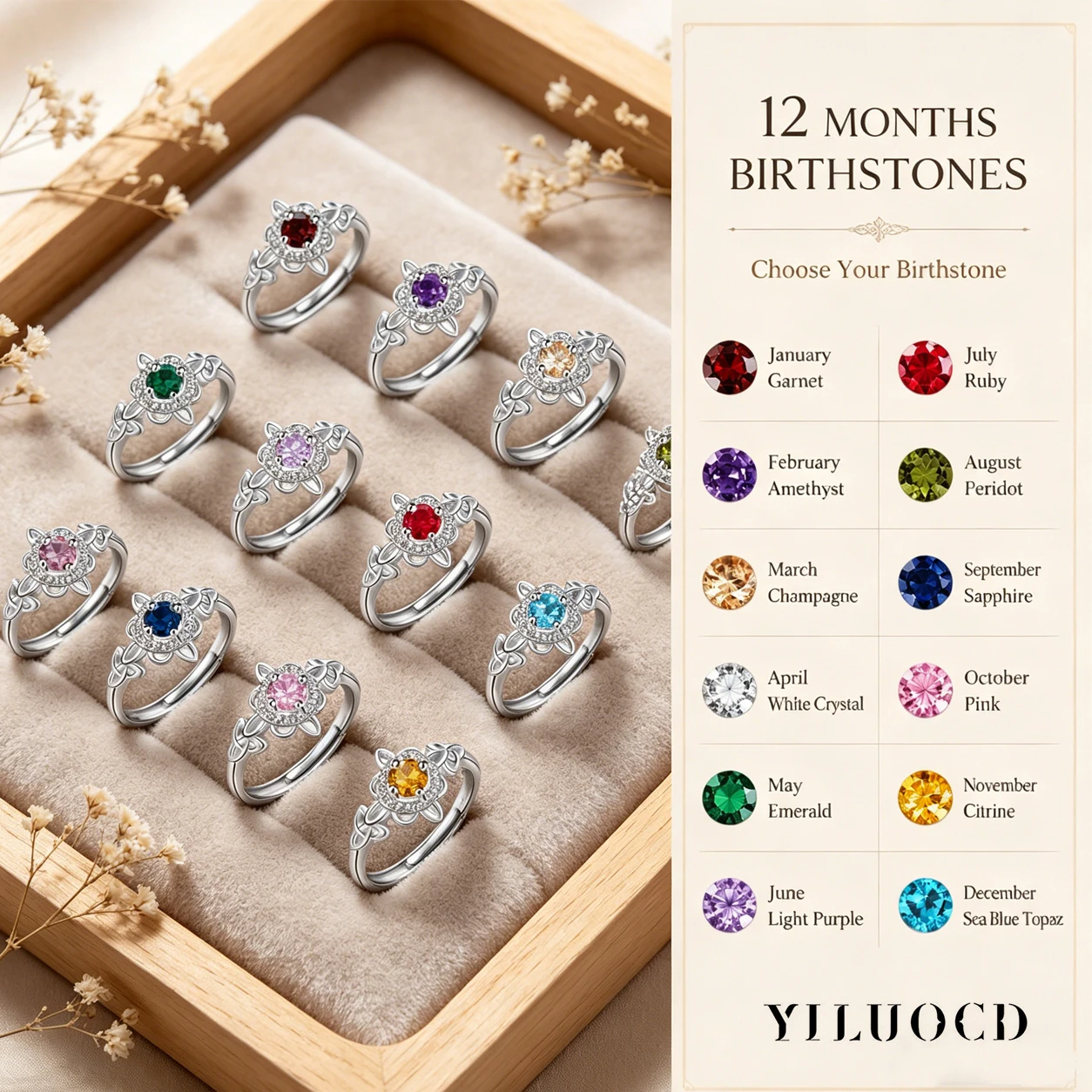 12 Months Birthstone Rings 925 Silver Plating Witches Knot Rings for Women Witchcraft Cross Protection Amulet Jewelry