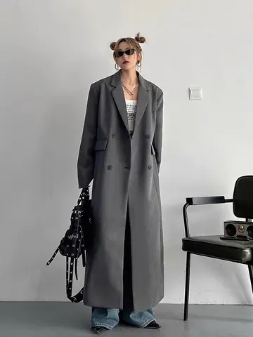 Lautaro Spring Autumn Long Grey Black Trench Coat for Women Double Breasted Loose Casual Korean Fashion Clothing Blazer 2023