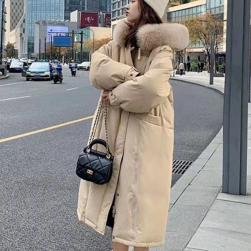 Winter Coat Women Luxury Hair Collar Down Coat Fashion Hooded Windproof Thick Warm Oversized Baggy Long White Duck Down Jacket