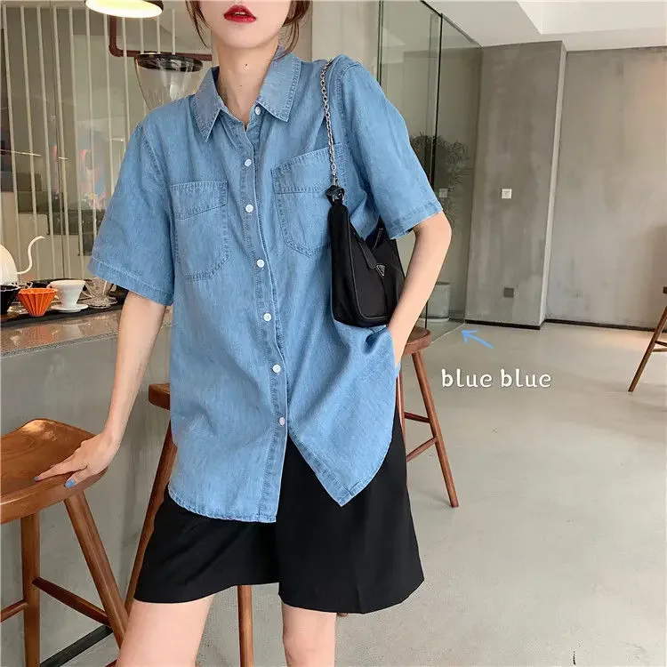 Women Blouse Summer Loose Single Olo Collar Short-Sleeved Denim Shirt Top for Women Blusas Ropa De Mujer