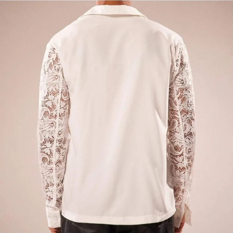 Men Floral Lace Splice Long Sleeve Shirt See Through Button Down Top Sexy Club Night Party Evening Fashion Hollow Casual Blouse