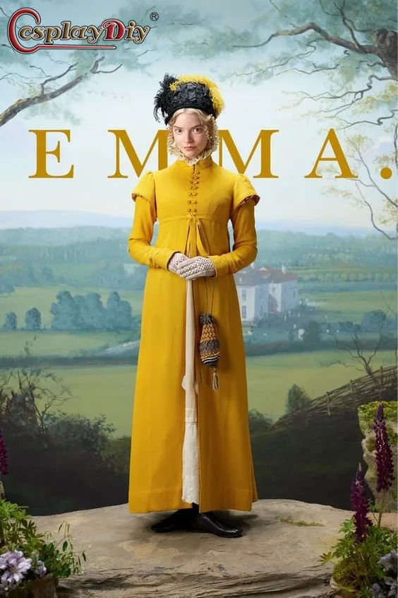 Cosplaydiy Movie Emma yellow regency dress Anya Taylor-Joy Costume Dress Jane Austen Emma vittoriano abito da passeggio a vita alta