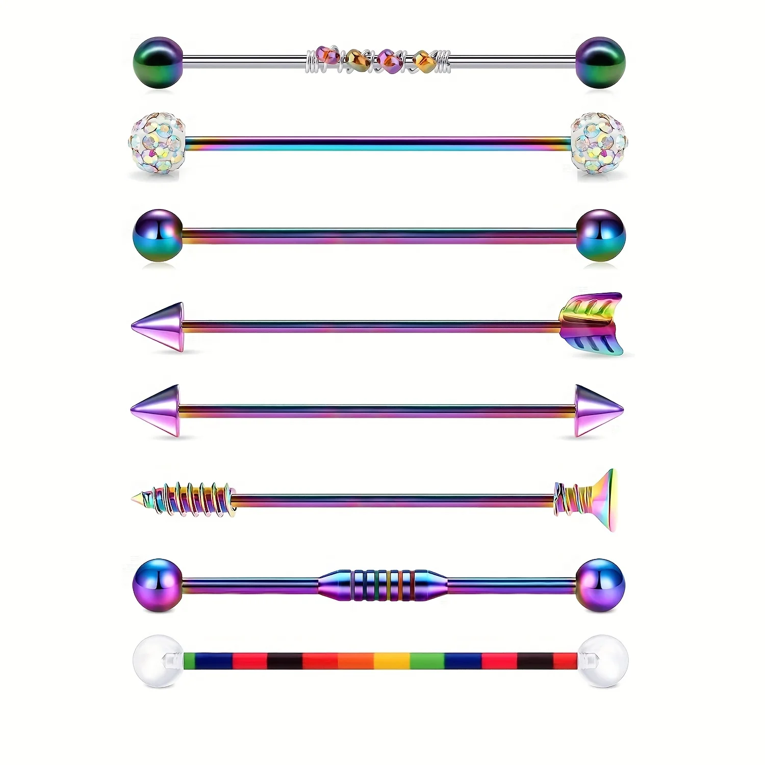 Stainless Steel Colorful Industrial Barbell Earrings, Arrow Screw Shape Straight Rod Pointed Ear Studs Body Piercing  Long Rod