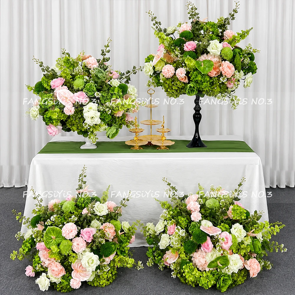 Pink Green Artificial Hydrangea Rose Anthurium Arrangement Wedding Table Centerpiece Floral Runner Party Backdrop Banquet Decor - view 2