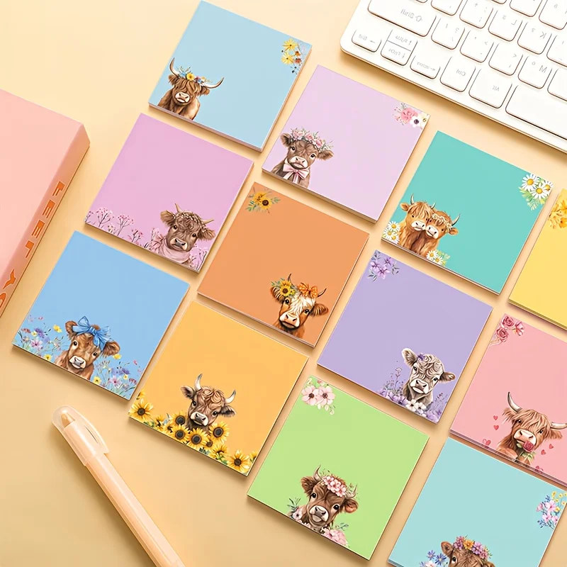 Highland Cow Print Sticky Notes Multi-Color Square Adhesive Sticky Notes for Students to Take Notes and Leave Messages