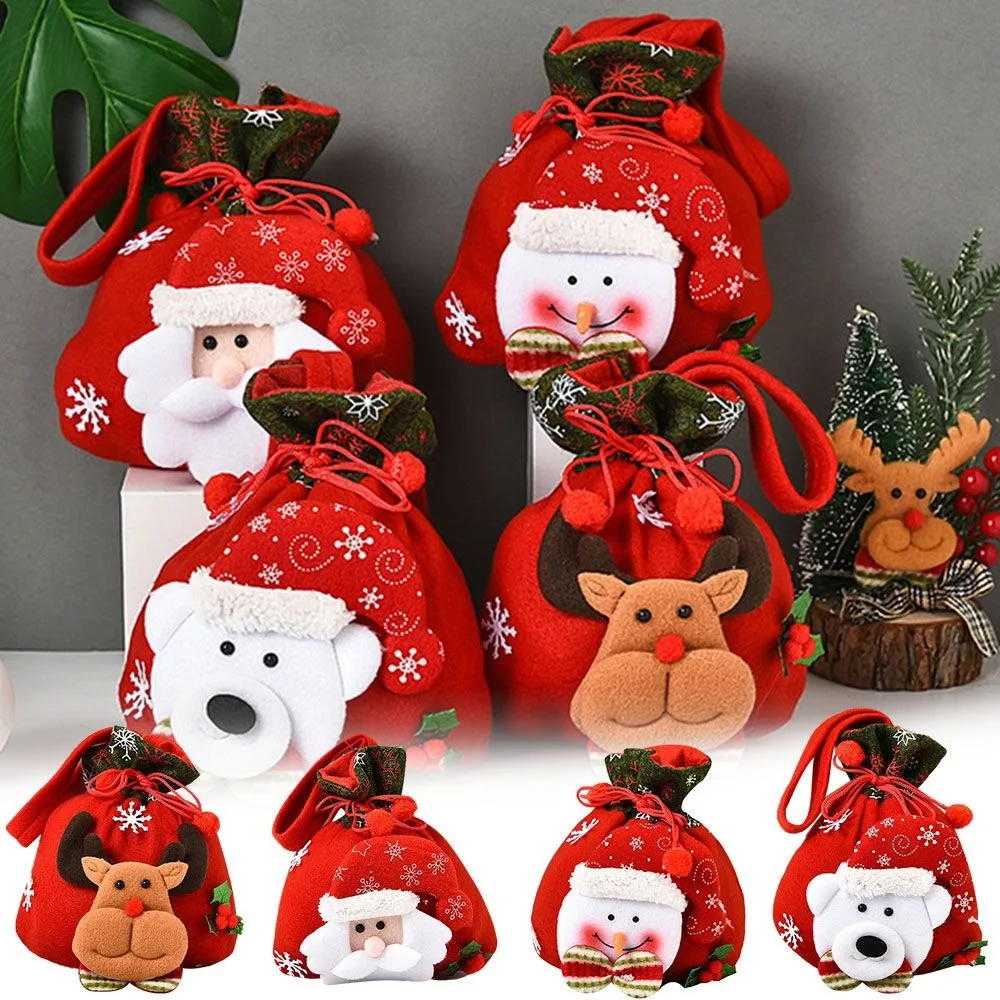 

Cute Drawstring Closure Christmas Gift Bag Santa Snowman Candy Pouch Candy Gift Bag Flannel Xmas Gift Package Christmas Eve