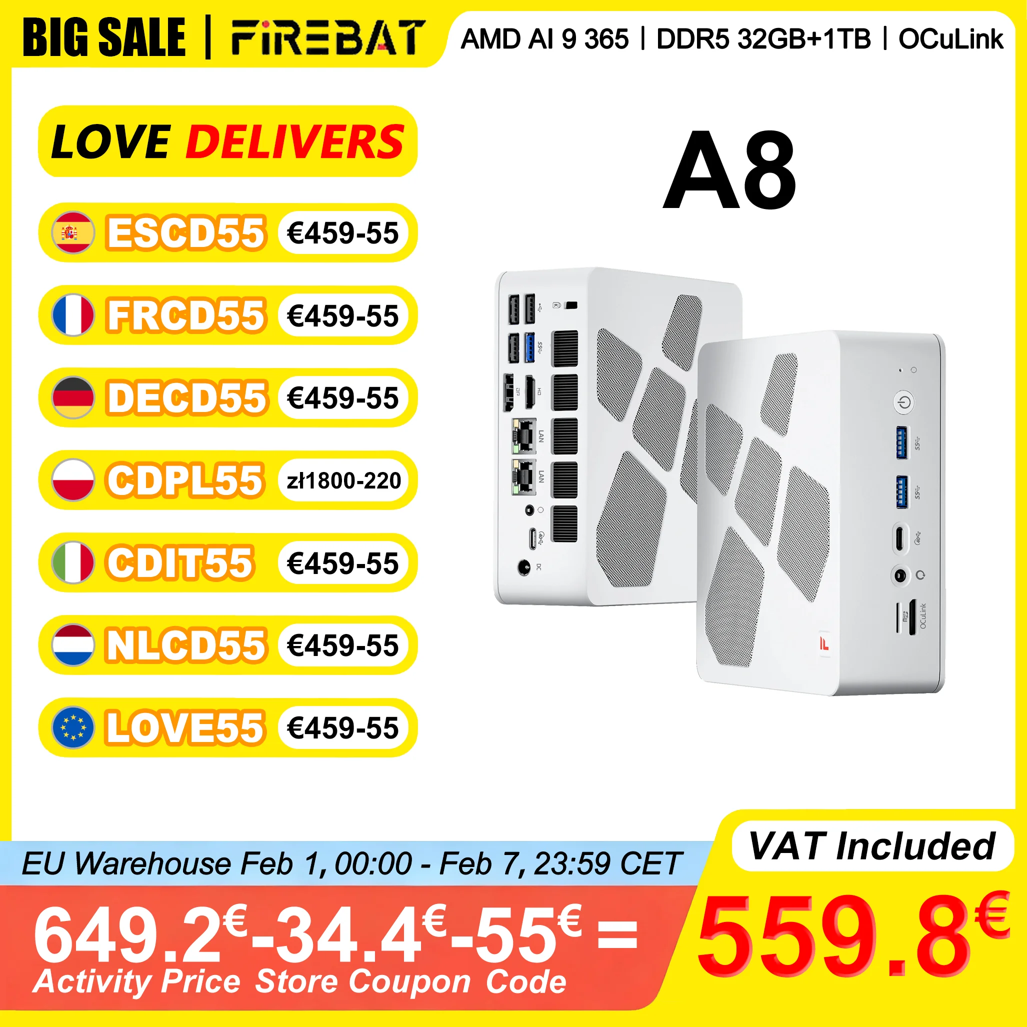 Firebat Mini PC A8 Gamer z OCuLink AMD Ryzen AI 9 365 DDR5 5600MHz 32 GB RAM 1 TB SSD USB4*2 DDR5*2 PCIe4*2 Windows 11 Pro WiFi6