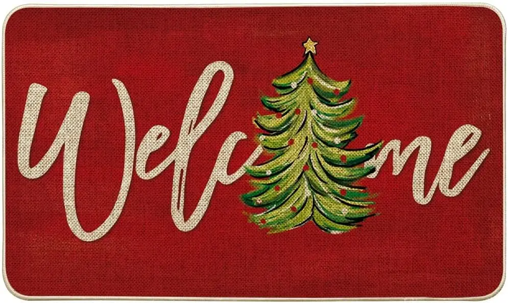 Artoid Mode Red Xmas Tree Christmas Welcome Doormat, Winter Home Decor Low-Profile Switch Rug Door Mat Floor Mat for Indoor Outd