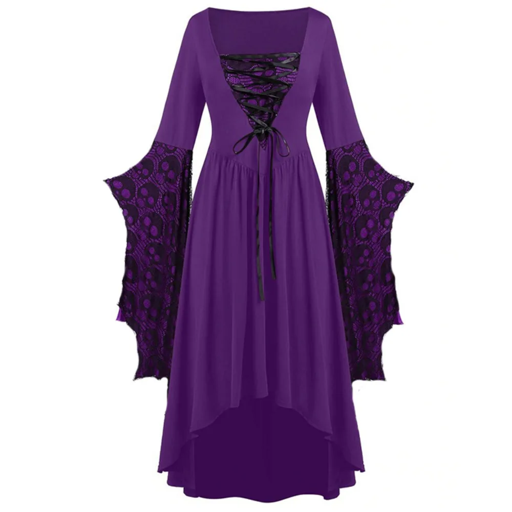 Halloween Skull Lace Strap Irregular Vintage Lotus Long Leaf Sleeve Dress High Waist Dress 90s Egirl Sexy Slim Party Club Dress