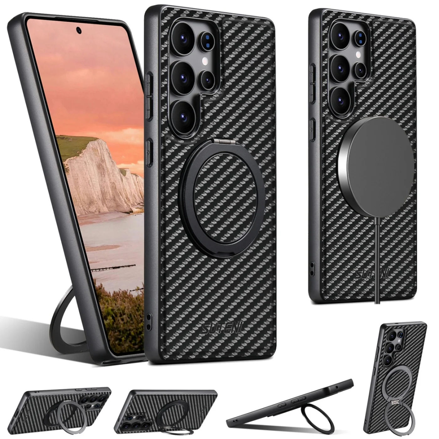 Luxurious Carbon fiber texture Faux Leather Phone Case for Samsung S26 Ultra S25 S24 S23 S22 Magnetic Kickstand Shockproof Cover