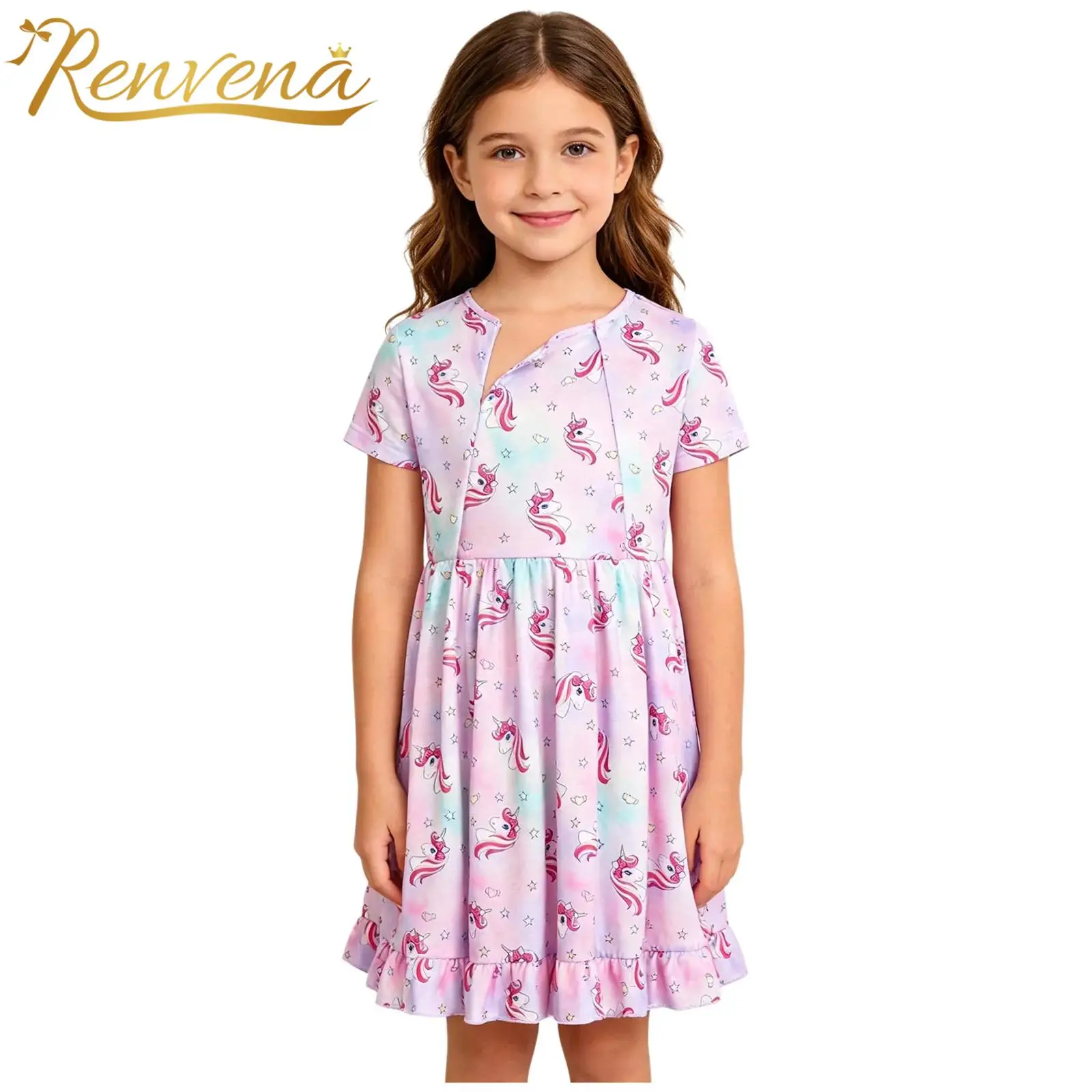 Girls Ruffle Dress Kids Short Sleeve Front Zipper Printed Dresses for Treatment Patient Nursing Gown Special Needs Clothing
