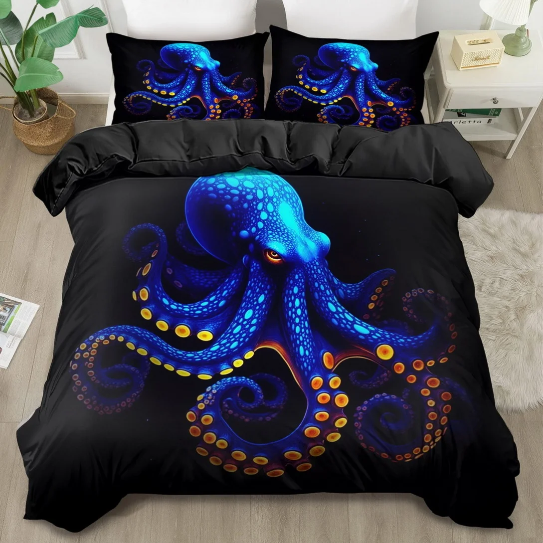 Fotografia 3: Conjunto de Cama Estilo Rei e Rainha com Estampa de Polvo Azul Divertido, Lavável à Máquina, Decoração para Quarto