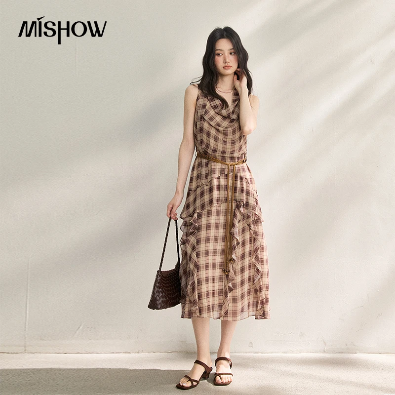 MISHOW Ruffle Plaid Swing Collar Dress 2026 Summer New Sleeveless Breathable Retro Casual Dress With Belt Included MXF21L2604