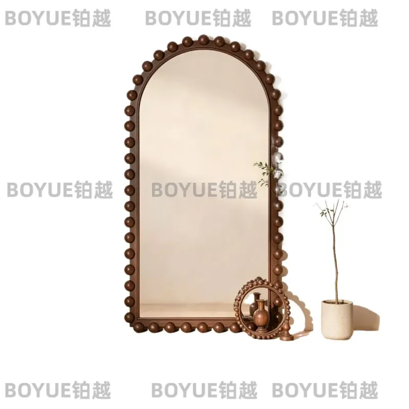 Solid Wood Arched Floor Mirror Full Length Round Beaded Frame Standing Body Mirror for Bedroom Living Room Home Decor