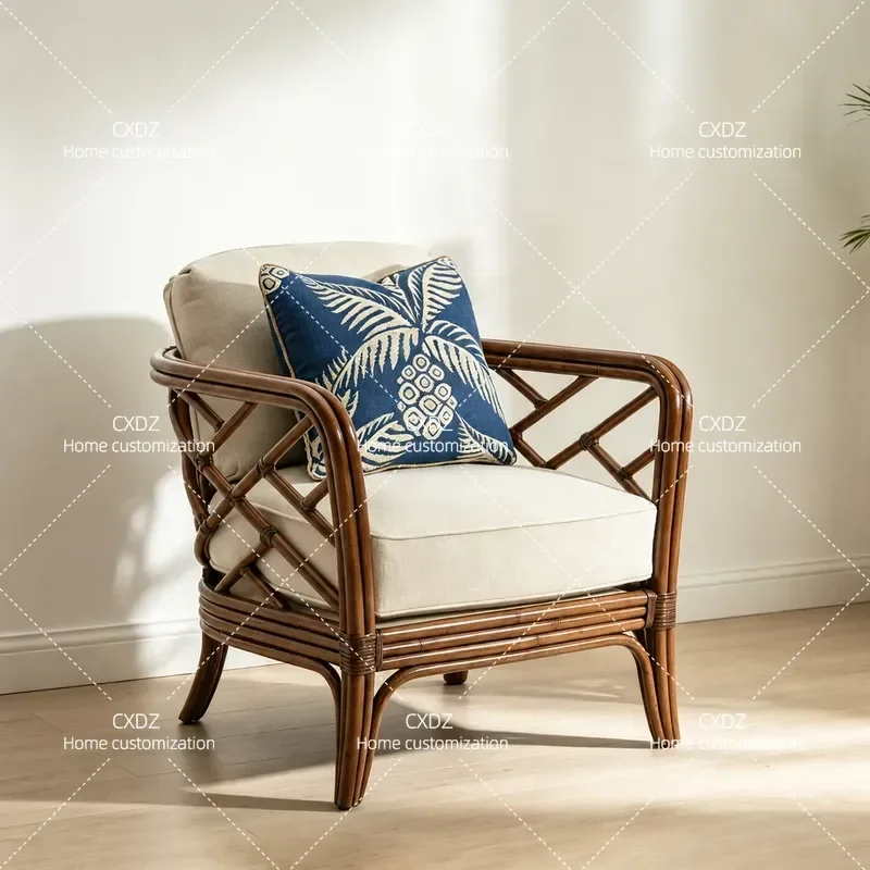Leisure Rattan Art Chair Homestay Single Floral Fabric Soft Cushion Sofa Chair Custom