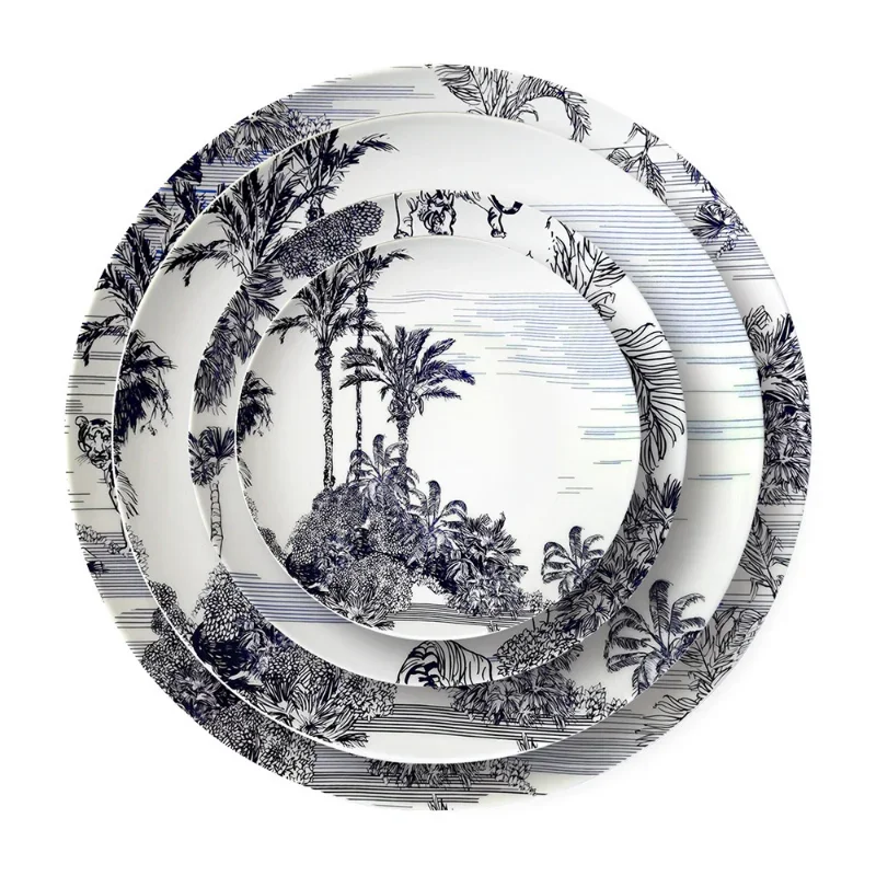 High Grade Bone Porcelain Dinner Set Plates and Dishes Black and White Jungle Tiger Ceramic Plate