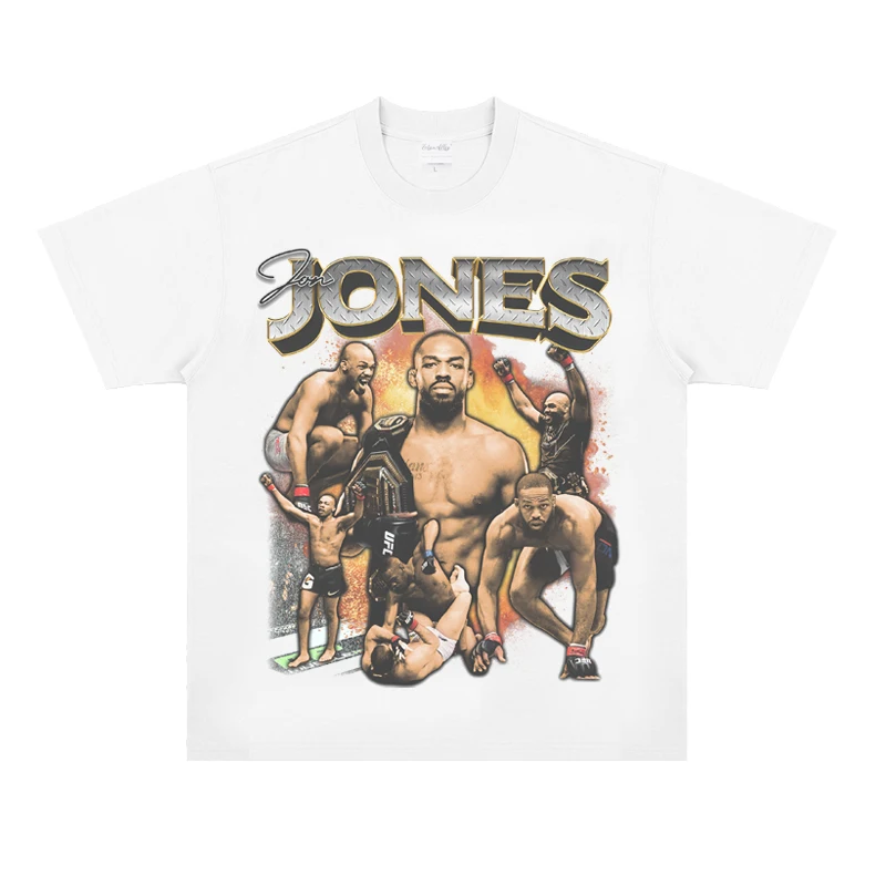 Bone Jones Jones Short Sleeve T-shirt UFC Portrait Print Top Fighting Hiphop Vintage Small Neckline Pure Cotton High Quality