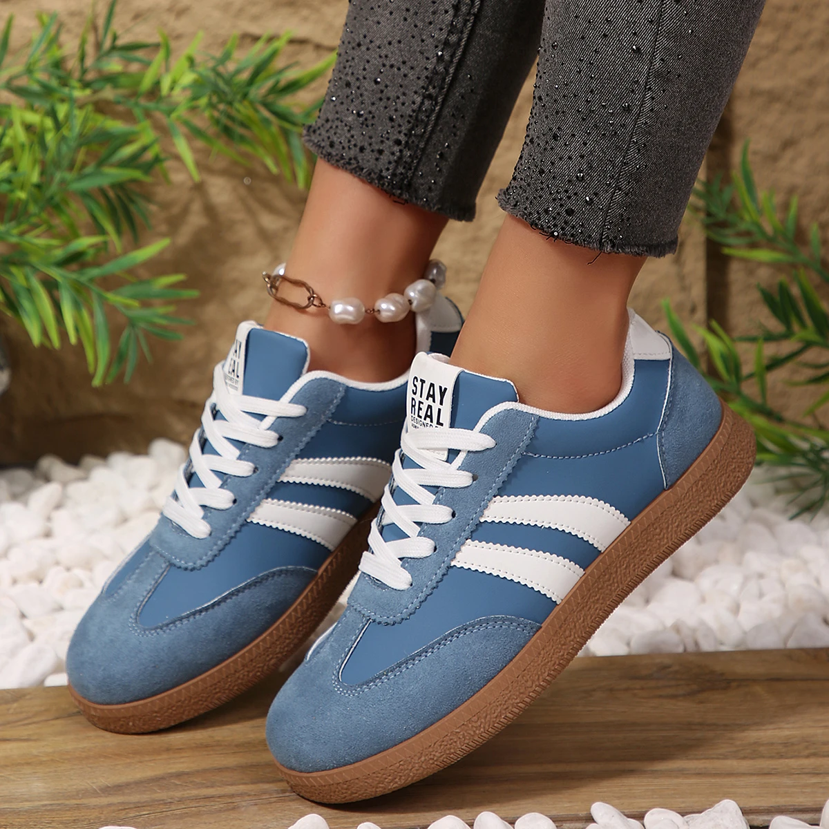 Leichte, bequeme Sneaker für Damen, modische gestreifte Schnürschuhe, lässige, atmungsaktive grüne Sneaker in großen Größen – Detail 4