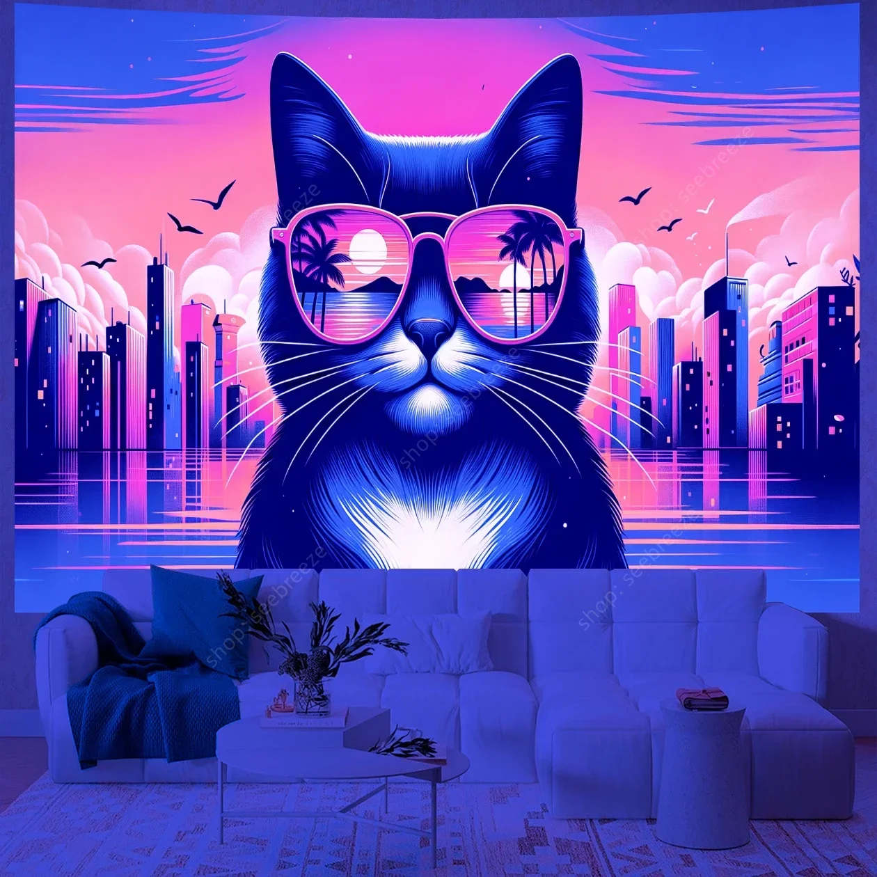 Psychedelic Animal Tapestry Cute Cat UV Reactive Tapestry Wall Hanging Hippie Kawaii Room Decor Curtain Blanket Gift for Friend