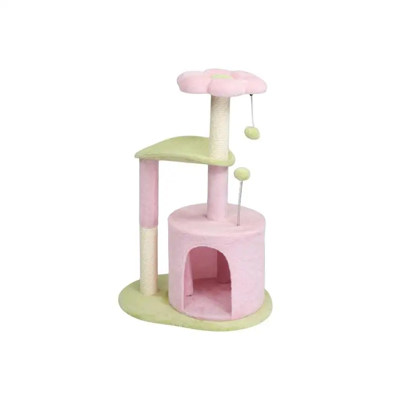 

Multi-Level Cat Tree with Scratching Post, Curved Perch, Cozy Condo & Padded Bed for Kittens and Indoor Cats, Pink & Green