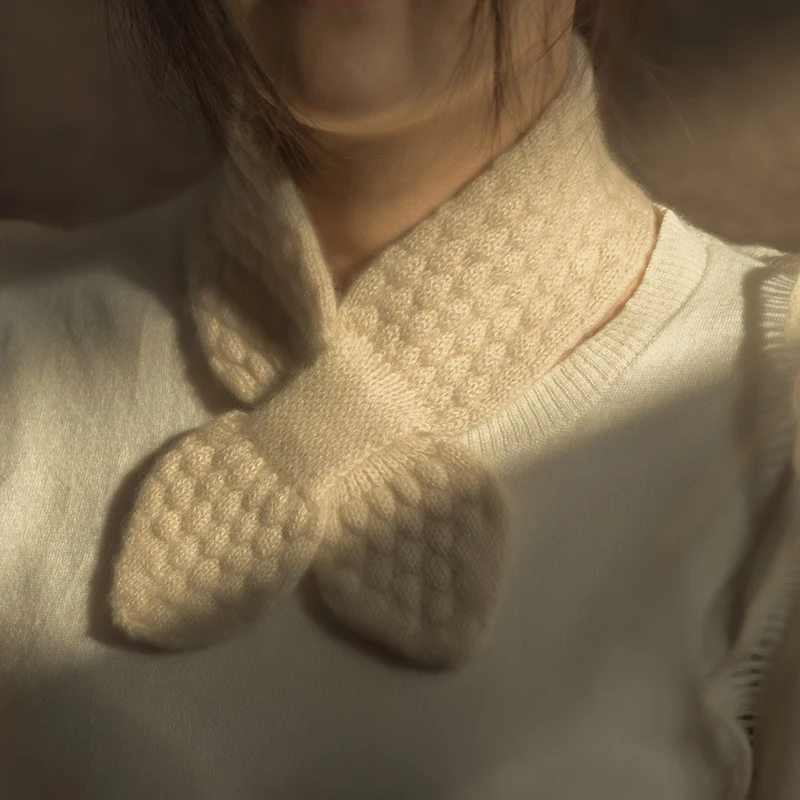Women 100% Pure Cashmere Knitted Small Bowknot Scarf Neckerchief Moss Stitch Soft Neck Warmer Ring Collar Female Boutique Acc